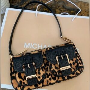 Michael Kors Black and Brown Leopard Zoe Mini Shoulder Bag